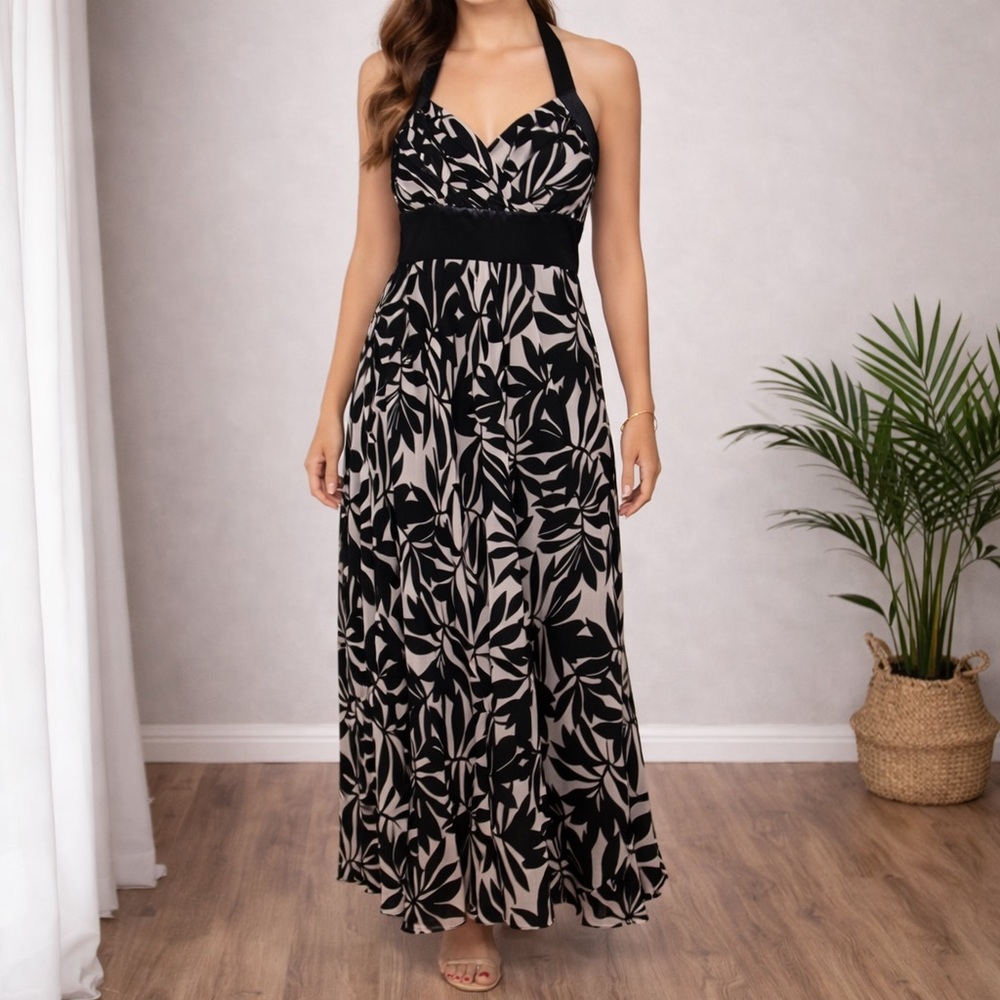 Vintage Donna Ricco Silk Halter Maxi Dress Size 8 Women's Leaf Empire Formal